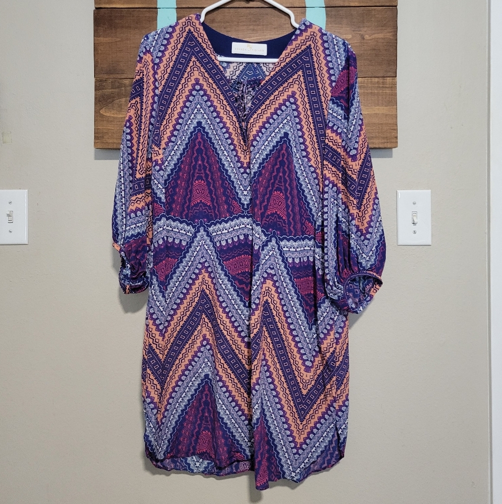 Amanda Uprichard  Coloful Chevron Patterned 100% Silk Tunic 3/4 Dress Size Large